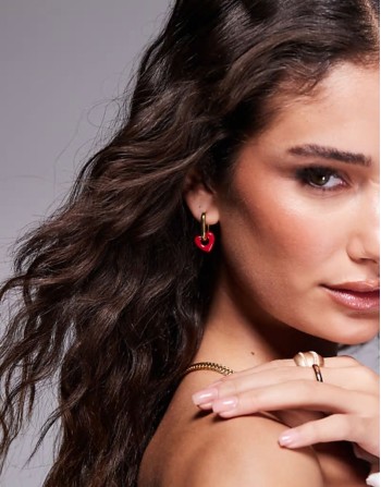 rectangle hoop earrings with heart charm in gold