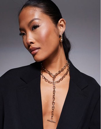 ulardotlan chunky layered t-bar necklace in gold