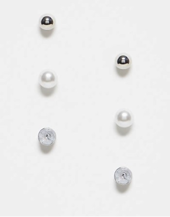 3 pack pearl & diamante stud earrings in silver & white