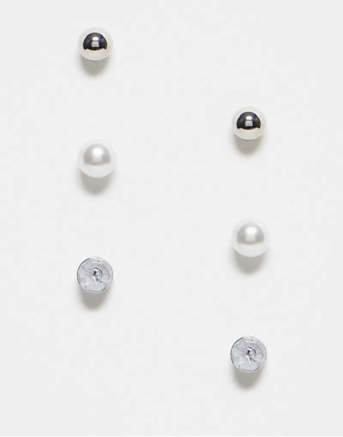3 pack pearl & diamante stud earrings in silver & white
