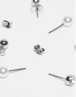 3 pack pearl & diamante stud earrings in silver & white