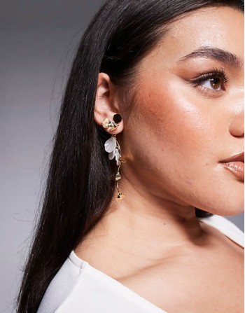 drop earrings in floral design with pearl petal detail in gold tone