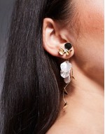 drop earrings in floral design with pearl petal detail in gold tone