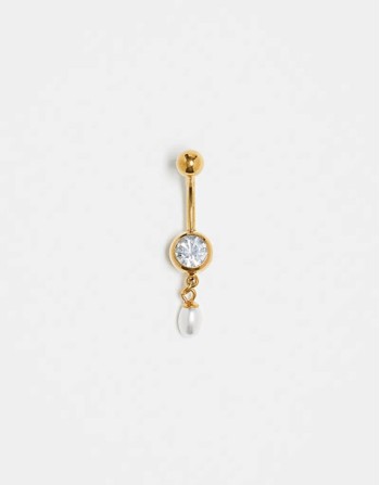 crystal and pearl belly bar in gold plated steel