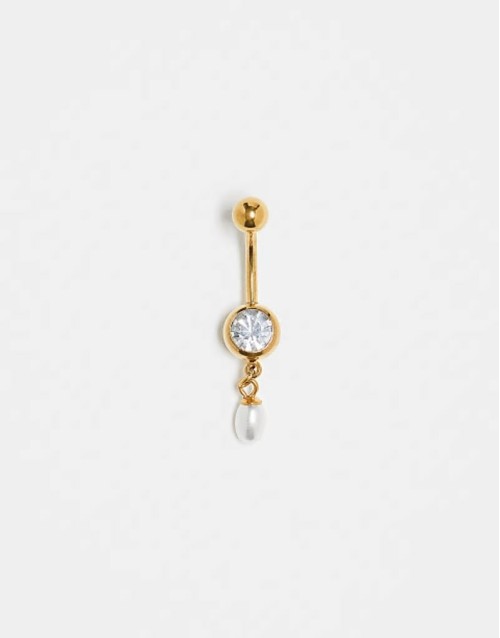 crystal and pearl belly bar in gold plated steel