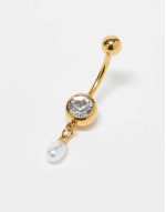 crystal and pearl belly bar in gold plated steel