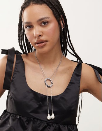 sunset statement lariat necklace with pearl pendants in silver