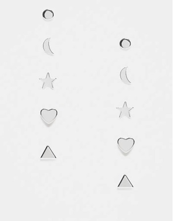 5 pack stud earrings star, moon and heart in silver