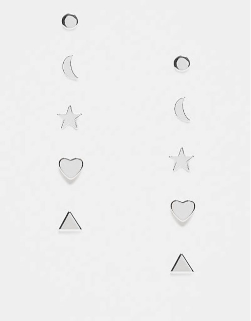 5 pack stud earrings star, moon and heart in silver