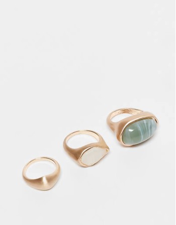 pack of 3 rings with faux semi precious stone set in brushed gold tone