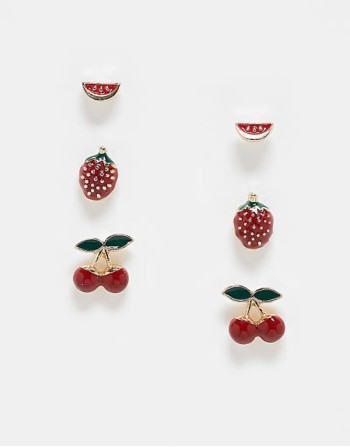 pack of 3 stud earrings with enamel fruit detail in multi