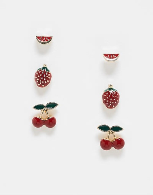 pack of 3 stud earrings with enamel fruit detail in multi