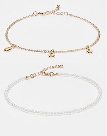 pack of 3 anklets with  faux pearl  and shell charm design in gold tone
