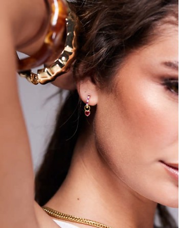 diamante heart huggie hoops in gold and pink