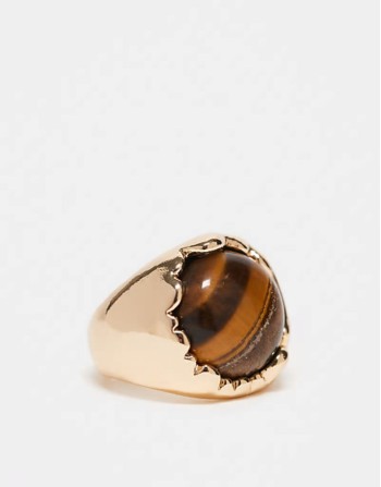 ring with real semi precious tigers eye stone in gold tone